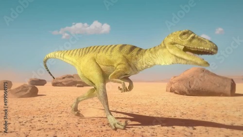 Dinosaur velociraptor running walking in desert 3D animation realistic HD motion graphics jurassic