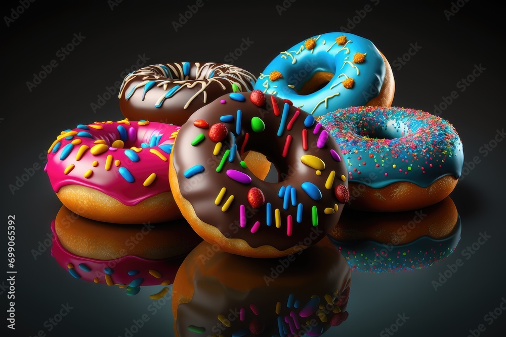 Set of glazed donuts with sprinkles on a black background with reflection.