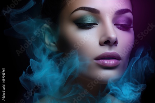 Portrait of a woman shrouded in colored smoke. abstract portrait