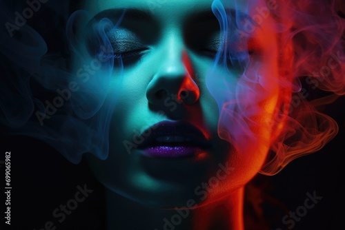 Portrait of a woman shrouded in colored smoke. abstract portrait