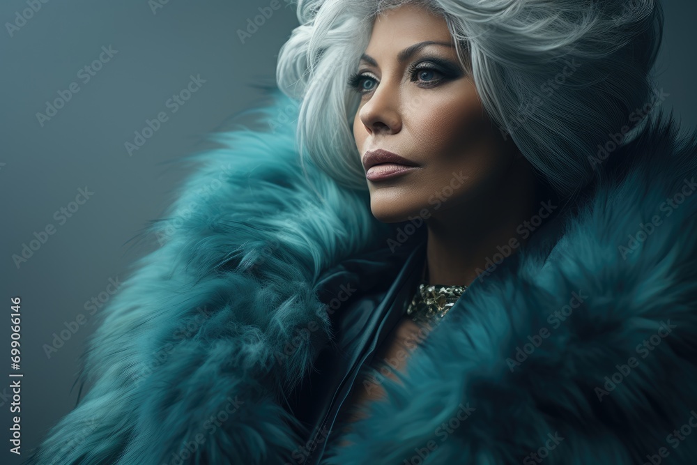 woman 50 years old in a luxurious fur coat. female fashion model in a blue fox fur coat. Perfect makeup and accessories. Beautiful luxury winter lady. - obrazy, fototapety, plakaty 