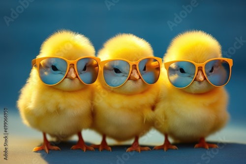 chickens in sunglasses on a studio background.
