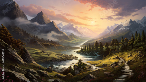 Beautiful mountain landscape, water and forests, illustration background