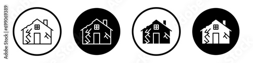 House damage icon set. earthquake broken home property vector symbol in black filled and outlined style.