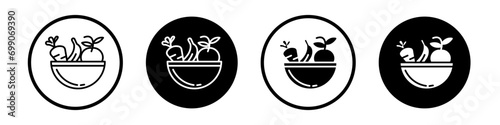 Healthy food icon set. fresh vegetarian vegetable bowl vector symbol. fruit grocery. diet salad icon in black filled and outlined style. photo