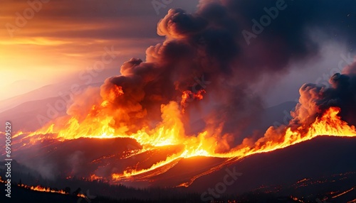paisagem pegando fogo, aquecimento global, queimada, poluição photo