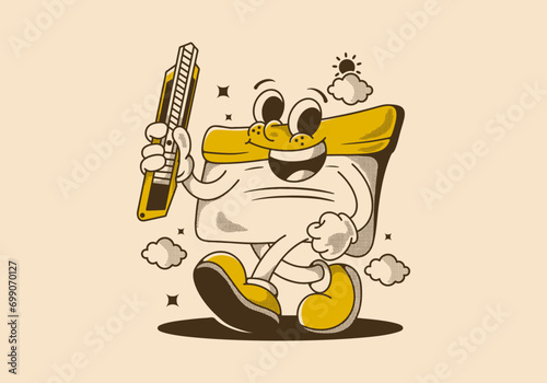 Squeegee mascot character holding a blade, vintage style