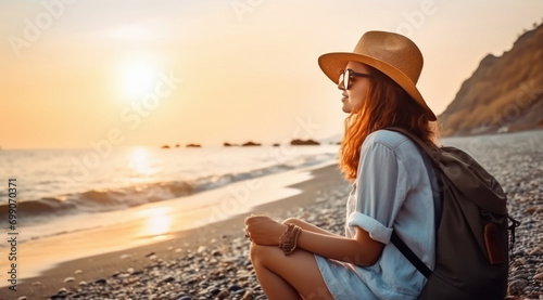 Young female traveler wearing hat and watching sea view © PRASANNAPIX