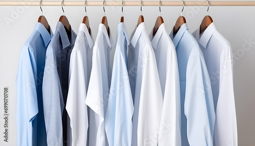 Clean clothes white and blue men's shirts on hangers after dry-cleaning or for sale in the shop