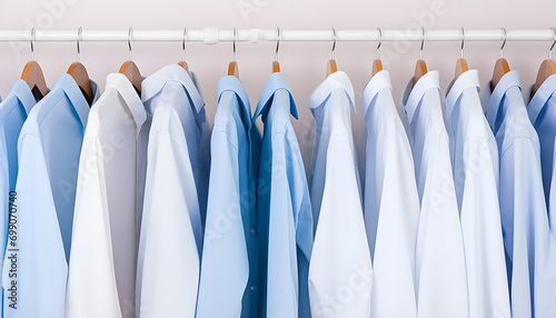 Clean clothes white and blue men's shirts on hangers after dry-cleaning or for sale in the shop