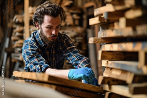 A focused man in casual attire carefully selecting wooden boards in a lumber section of a hardware store