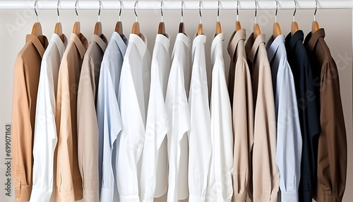 Clean clothes white and beige men's shirts on hangers after dry-cleaning or for sale in the shop on white background
