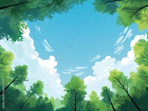 Nature background with green trees and blue sky with clouds. illustration. Generative AI