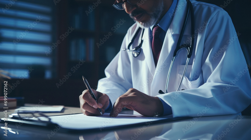 male doctor sitting at table and writing on a document report male doctor sitting at table and writing on a document report