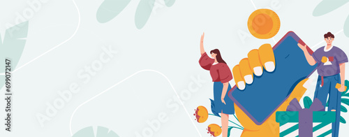 Holiday shopping people doing e-commerce online shopping flat vector concept operation hand drawn illustration
