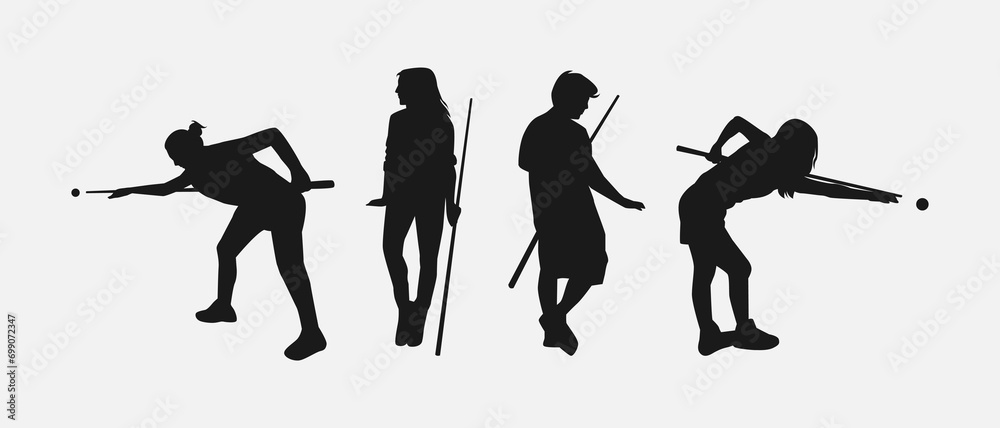 billiard player silhouette collection set. hobby, leisure, player, sport concept. different action, pose. monochrome vector illustration. - obrazy, fototapety, plakaty 