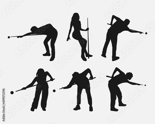 billiard player silhouette collection set. hobby, leisure, player, sport concept. different action, pose. monochrome vector illustration.