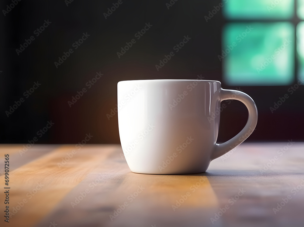 Obraz premium Coffee cup on wooden table in the morning with gold light feeling warm