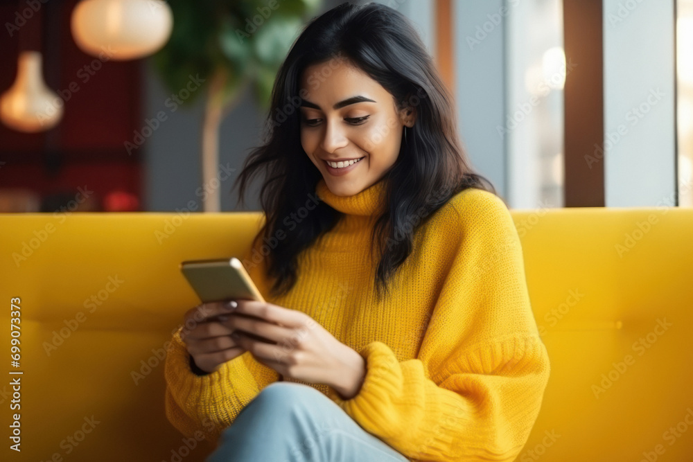 young indian woman sitting on sofa and using smartphone young indian woman sitting on sofa and using smartphone