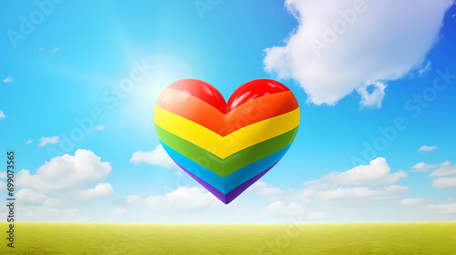 Rainbow colorful heart or love character shape on blue sky and white natural grass clouds with valentines day background
