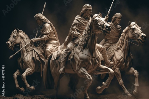Illustration of the four biblical horsemen representing war, famine, pestilence, and death. Generative AI photo