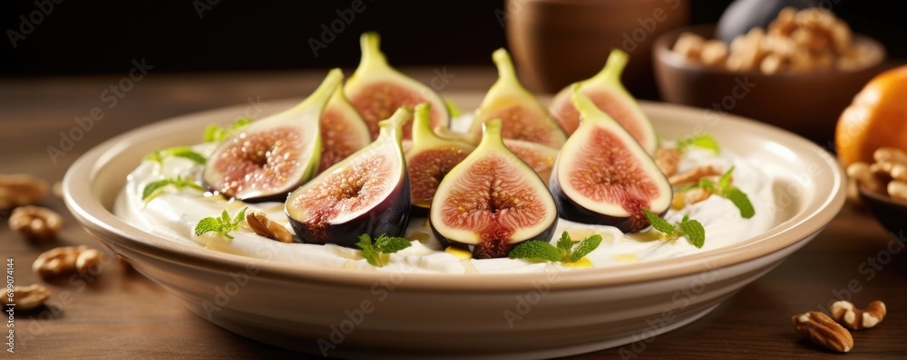 A visually appealing image showcases a creamy serving of Greek yogurt extraantly topped with a mound of luscious roasted figs, a tering of crunchy chopped walnuts, and a delicate drizzle A visually appealing image showcases a creamy serving of Greek yogurt extraantly topped with a mound of luscious roasted figs, a tering of crunchy chopped walnuts, and a delicate drizzle