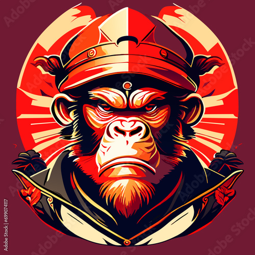 Chimpanzee close up front view vector illustration, retro style for t-shirt. Generative AI