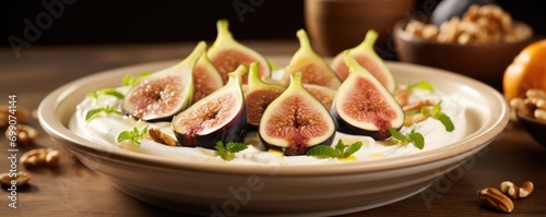A visually appealing image showcases a creamy serving of Greek yogurt extraantly topped with a mound of luscious roasted figs, a tering of crunchy chopped walnuts, and a delicate drizzle