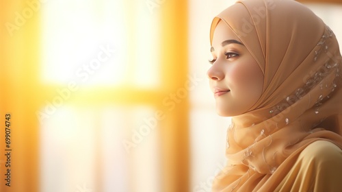 a beautiful Muslim woman wearing a hijab, seen from the side praying to God, with a blurry background and sunlight in front of her, Ramadan greeting card, copy space - generative ai