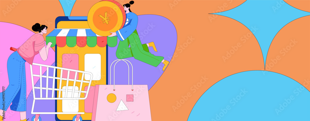 Naklejka premium Holiday shopping people doing e-commerce online shopping flat vector concept operation hand drawn illustration 