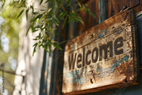 A close-up of a sign with the word "Welcome" in a warm and inviting font, creating a sense of hospitality 