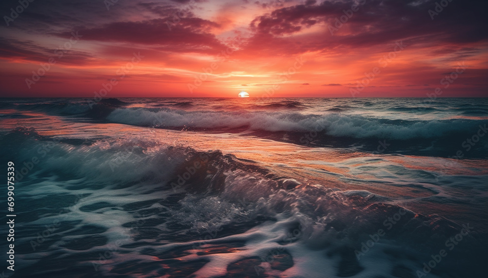 Sunset over water, nature beauty reflected in waves generated by AI Sunset over water, nature beauty reflected in waves generated by AI