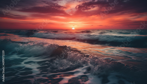 Sunset over water  nature beauty reflected in waves generated by AI