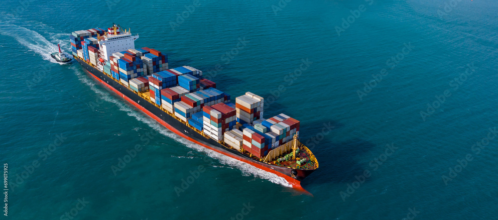 Aerial view container cargo ship maritime freight shipping by container cargo ship, Global business import export commercial trade logistic container cargo ship freight shipping. - obrazy, fototapety, plakaty 