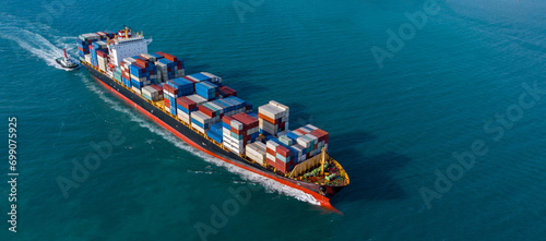 Aerial view container cargo ship maritime freight shipping by container cargo ship, Global business import export commercial trade logistic container cargo ship freight shipping. photo