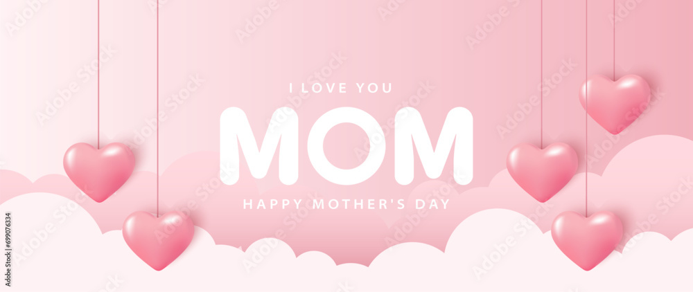 Delicate pink Mother's Day card with voluminous realistic hearts and delicate clouds.