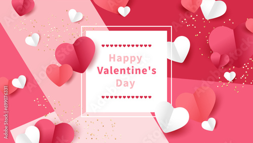 Bright pink Happy Valentine's Day card with pink and white hearts and gold sparkles. The 14th of February.