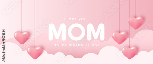 Delicate pink Mother's Day card with voluminous realistic hearts and delicate clouds.