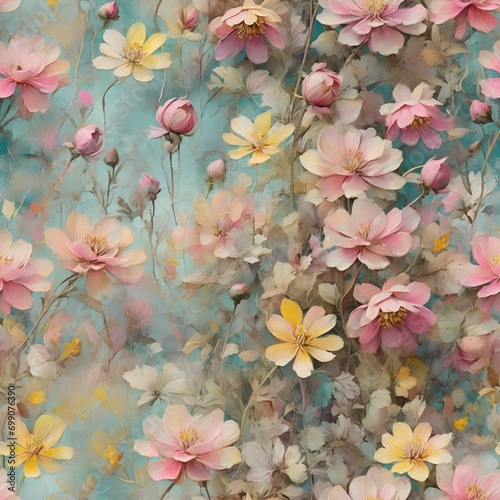 Fototapeta Naklejka Na Ścianę i Meble -  Vintage flower seamless pattern, meadow flowers, wild flowers illustration oil watercolor painting printable for fabric, junk journal and scrapbooking decoration