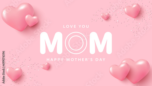 Minimalistic pink Mother's Day card with pink 3D realistic hearts and sparkles. Holiday card, poster, banner.