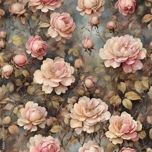 Pink rose flowers seamless pattern, old vintage botanical floral pattern, grunge Victorian style watercolor oil painting illustration, faded and stained old style pattern, digital paper for scrapbook