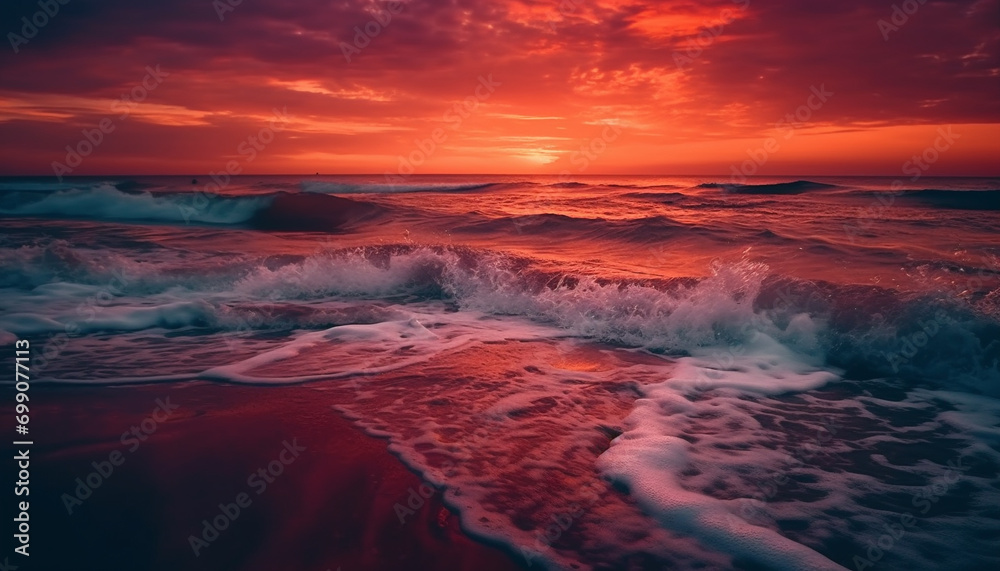 Sunset over the coastline, waves crashing on sandy shores, nature beauty generated by AI