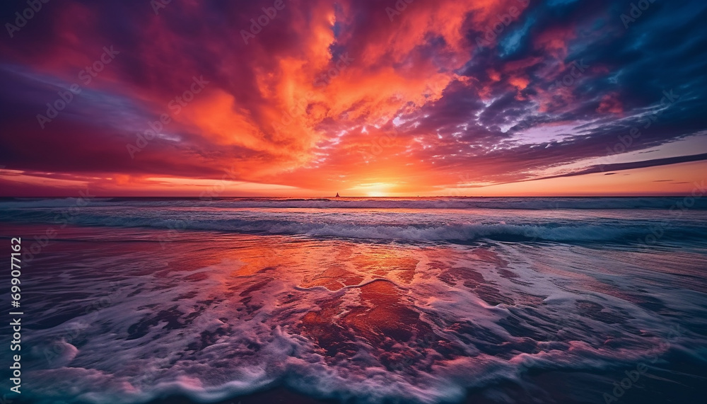 Sunset over water, waves crash, sky ablaze with vibrant colors generated by AI