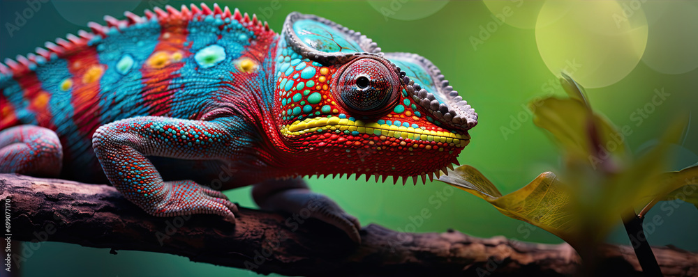 Chameleon in various colors. Colorful lizard detail.