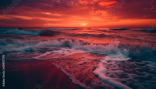 Sunset over the coastline, waves crashing on sandy shores, nature beauty generated by AI