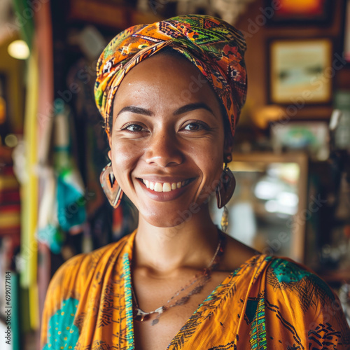 Ethnic small business owner smiling cheerfully in her shop 