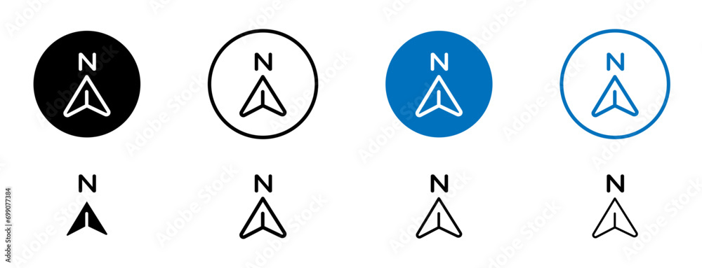 North line icon set. Compass map north direction line symbol in black and blue color. - obrazy, fototapety, plakaty 