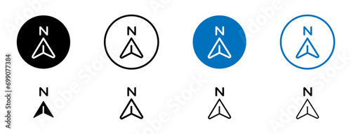 North line icon set. Compass map north direction line symbol in black and blue color.
