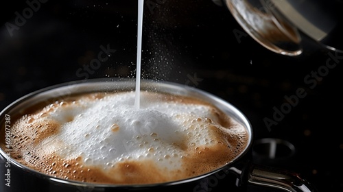 A close-up of a milk frother creating a fluffy foam, adding a touch of luxury to a cup of coffee. photo