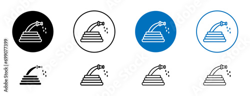 Hose line icon set. Garden water pipe line illustration. Fire brigade emergency water nozzle line sign in black and blue color. photo